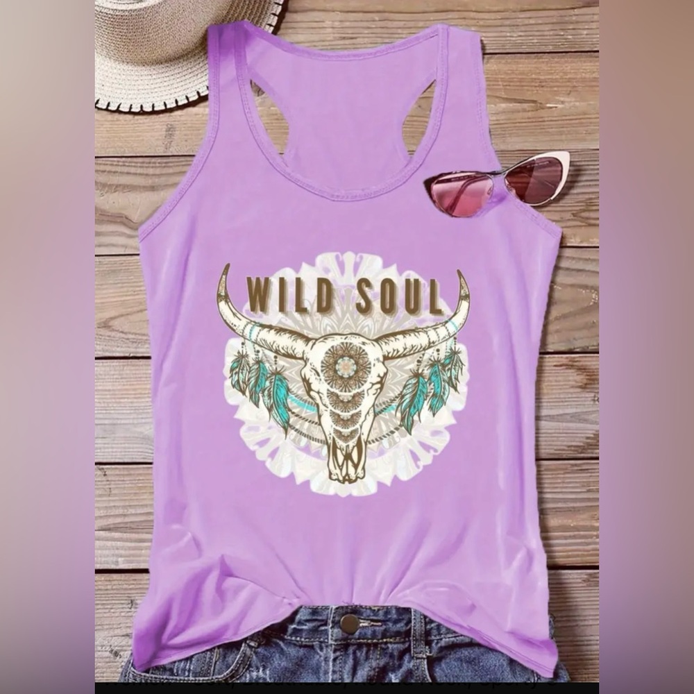 Violet Vibrant Cow Skull Print Sleeveless Tank Top size M